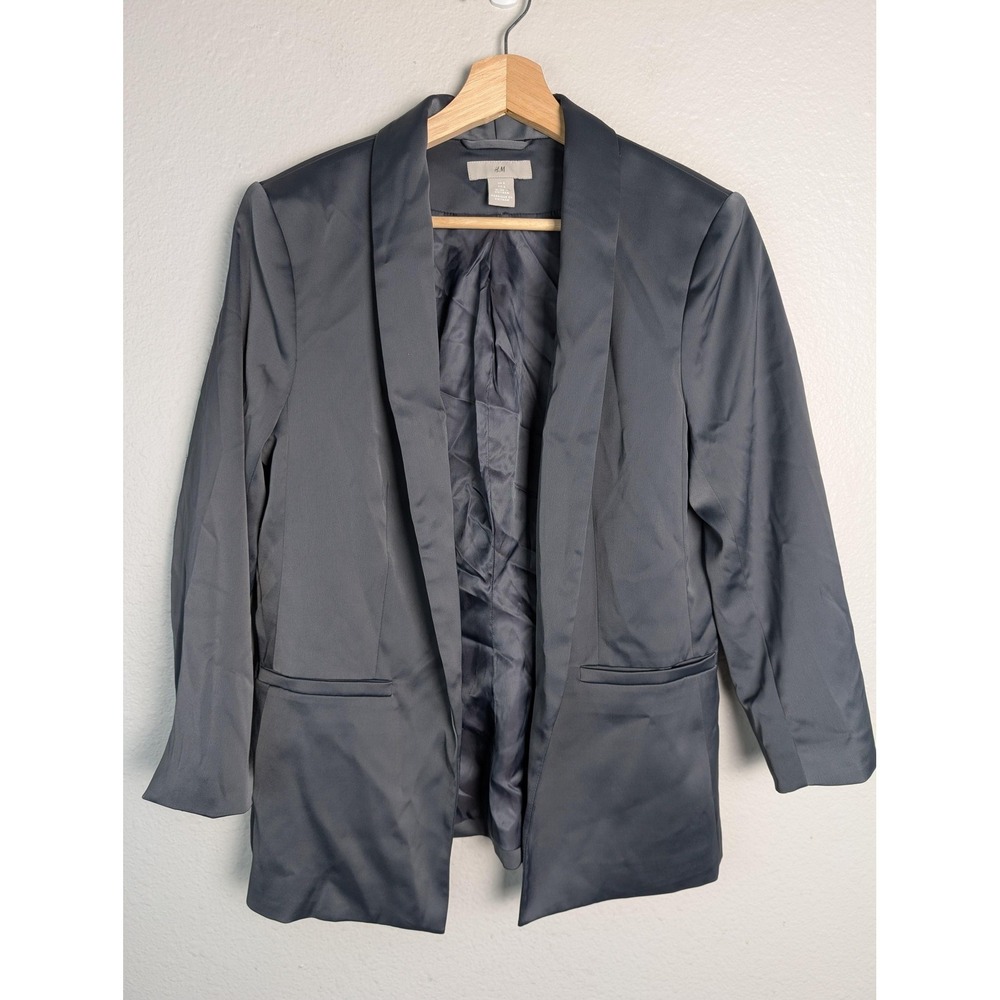 H&M Blazer Womens 8 Gray Polyester Satin Lined Shawl No Button Long Career Work